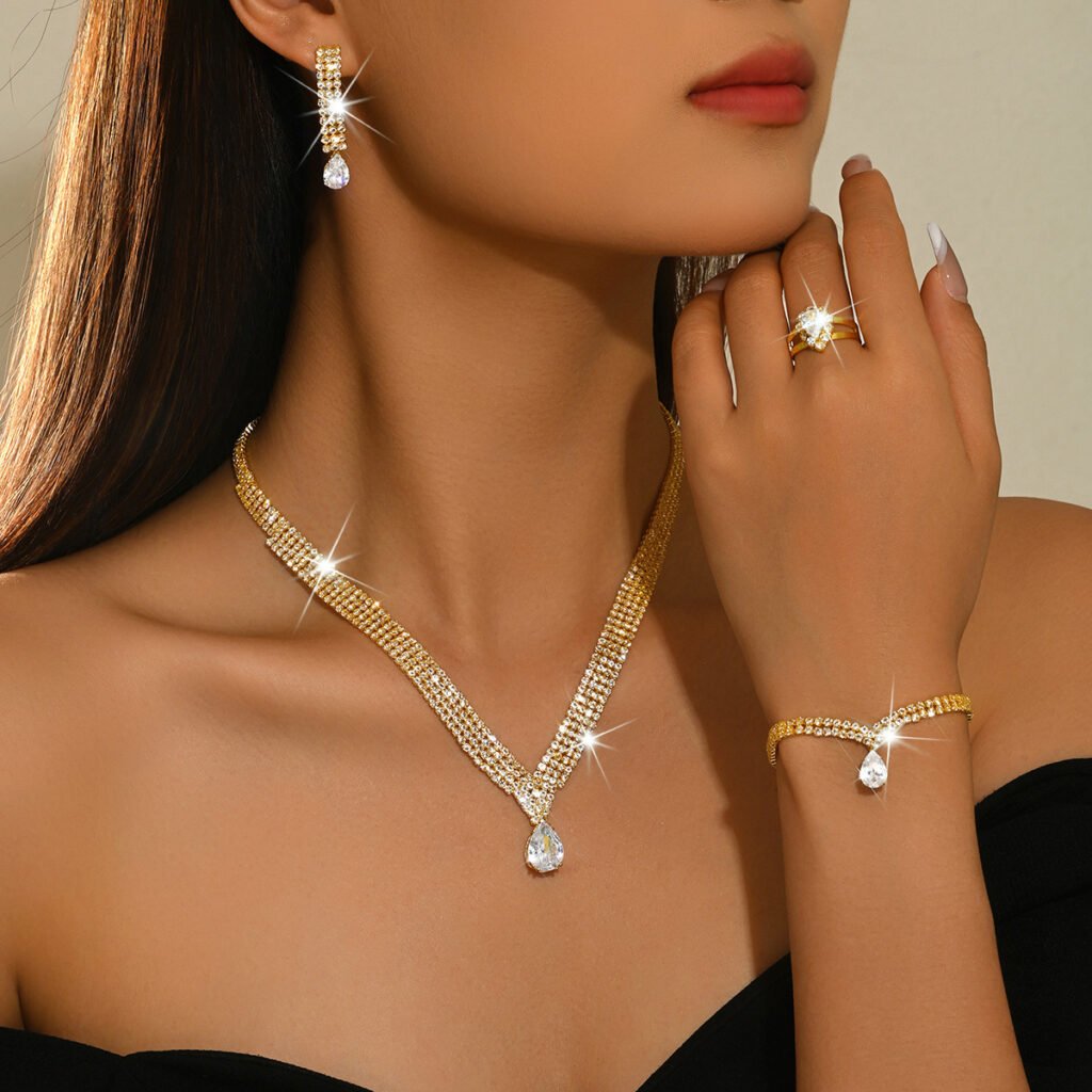 High-End Crystal Zircon Water Drop Necklace, Earrings, Ring, Bracelet Set, Fashionable Bridal Banquet Party Eco-Friendly Jewelry