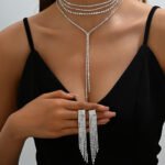 2026 Amazon New Y-shaped Design Rhinestone Inlaid Multi-layer Necklace Tassel Earrings Two-piece Banquet Jewelry