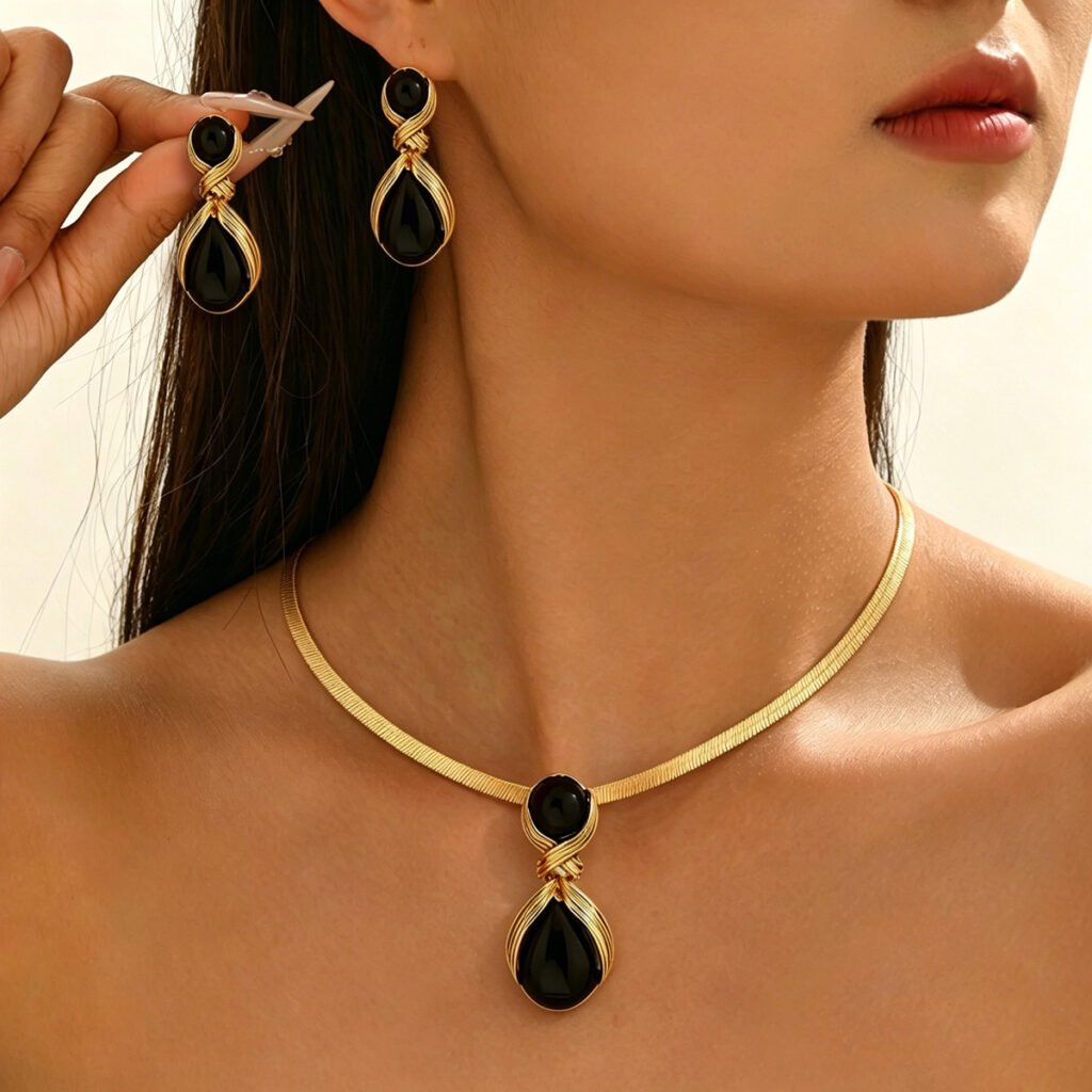 European And American Cross-Border Jewelry Niche Geometric Inlaid Pearl Design Earrings Versatile High-End Pendant Necklace Set