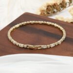 Women Mixed Baguette Round CZ Paperclip Tennis Bracelet, Gold Plated Dainty Daily Wrist Jewelry
