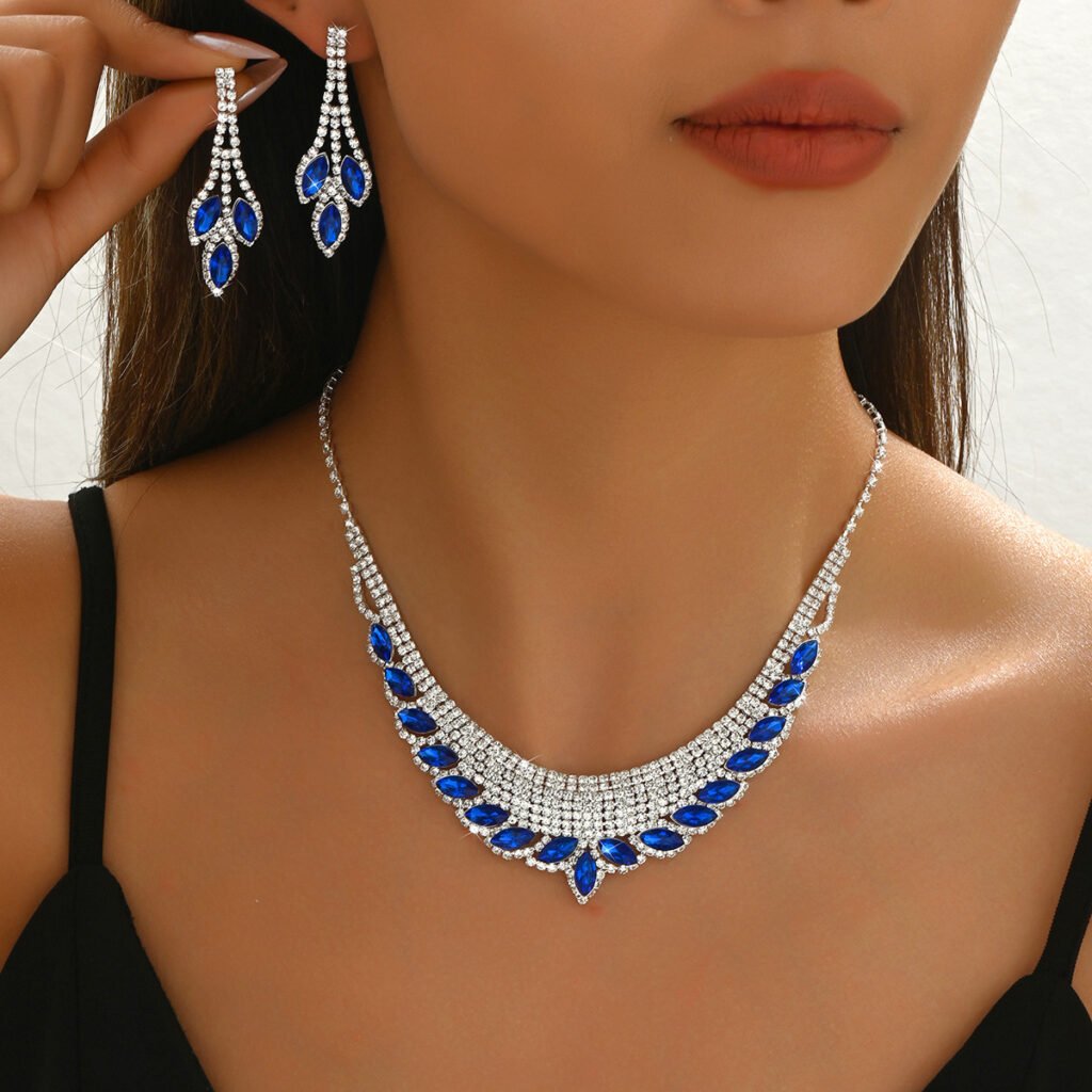 Cross-Border Bride Blue Acrylic Crystal Necklace Earrings Two-Piece Set Exquisite Wedding Dress Necklace Accessories