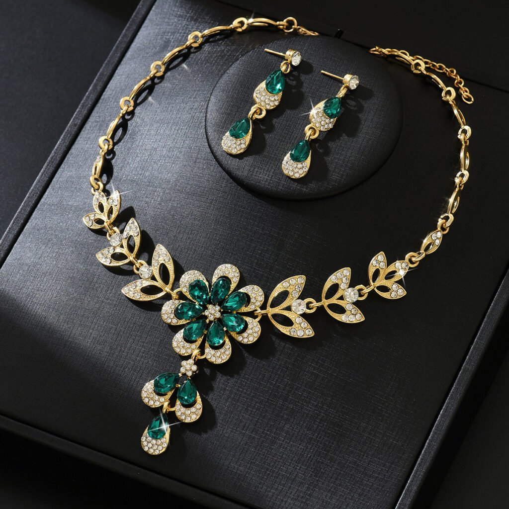 Womens Teardrop Floral Tassel Rhinestone Inlaid Jewelry Set,Necklace And Earrings Costume Accessories For Daily Banquet Party Wear