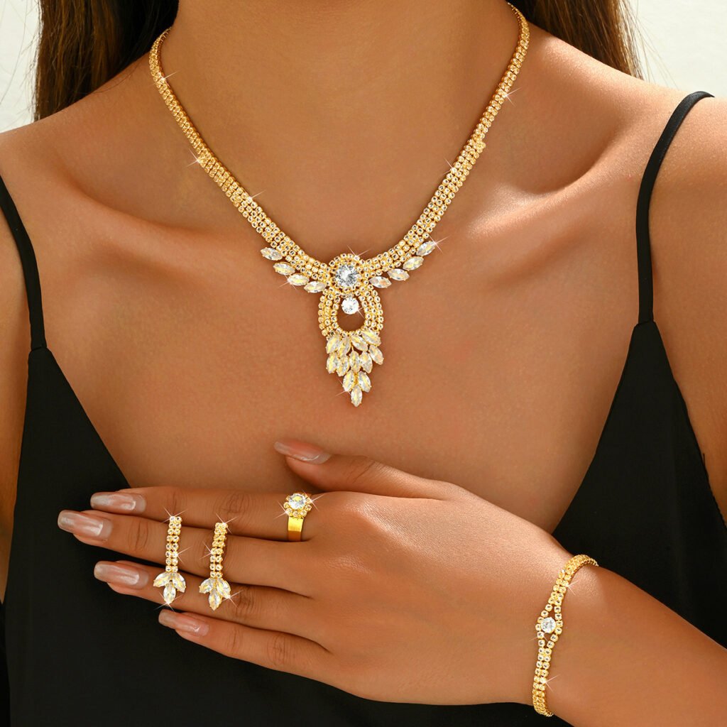 2026 Cross-border New Products Amazon Jewelry Suit Female Bride Necklace Bracelet Earrings Ring Four-piece Wholesale