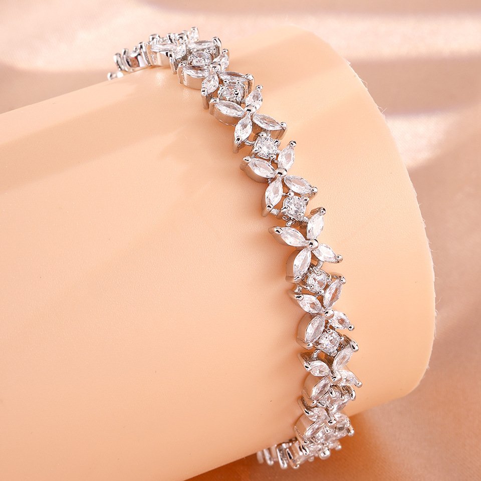 Women Marquise Round CZ Floral Tennis Bracelet, Rhodium Plated Adjustable Wedding Wrist Jewelry