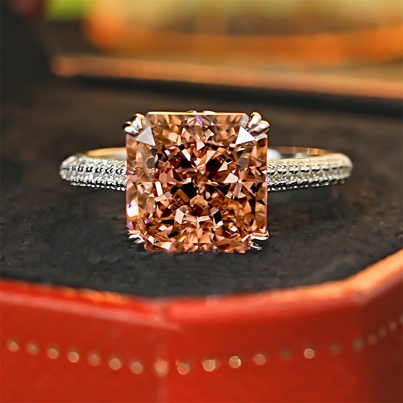 Sparkling 4-Carat Princess-Cut Padparadscha Morganite Color Diamond Open Ring With An Ice Flower Cut, Offering A Niche And High-End Feel