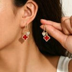 Cross-Border European And American Style Women's Earrings, Geometric Oil-Drip Clover Design With Diamond-Studded Studs, Versatile And High-End Earrings