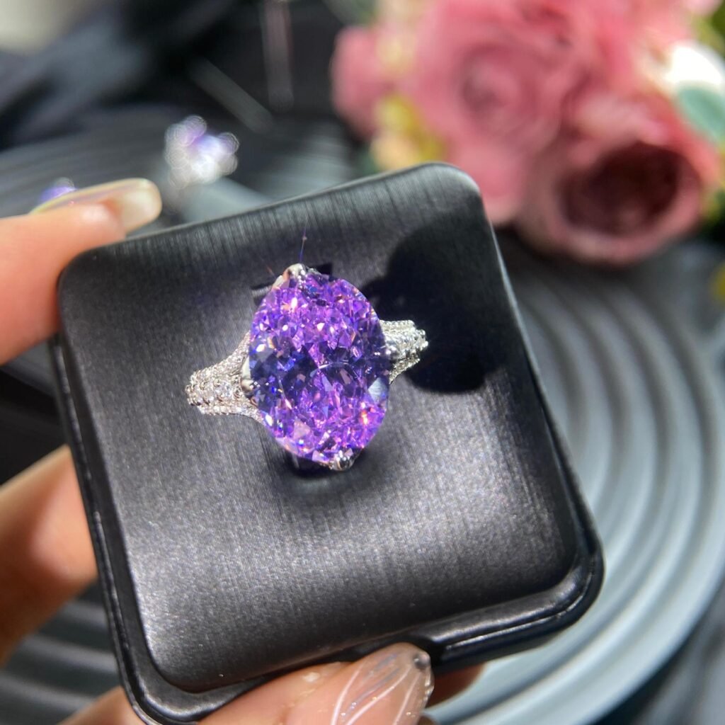 Women Oval Violet Tone Cubic Zirconia Statement Ring, Split Full Paved Shank Silver Plated Finger Jewelry