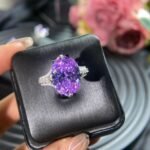 Women Oval Violet Tone Cubic Zirconia Statement Ring, Split Full Paved Shank Silver Plated Finger Jewelry