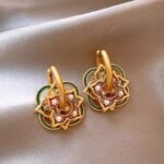 Brass Electroplated Sand Gold New Chinese Style Vintage Enamel Oil Drop Flower Ear Buckle Women's Light Luxury Distinctive Guofeng Earrings Earrings