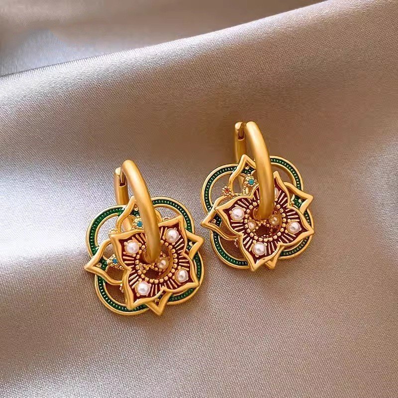 Brass Electroplated Sand Gold New Chinese Style Vintage Enamel Oil Drop Flower Ear Buckle Women's Light Luxury Distinctive Guofeng Earrings Earrings