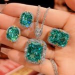 Women Simulated Emerald Cubic Zirconia Jewelry Set, Rectangle Gem Halo Inlaid Necklace Earrings Ring, European American Premium Texture Wedding Accessories