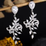 Women Vine Leaf Teardrop Halo CZ Chandelier Drop Earrings, Rhodium Plated Bridal Wedding Ear Jewelry