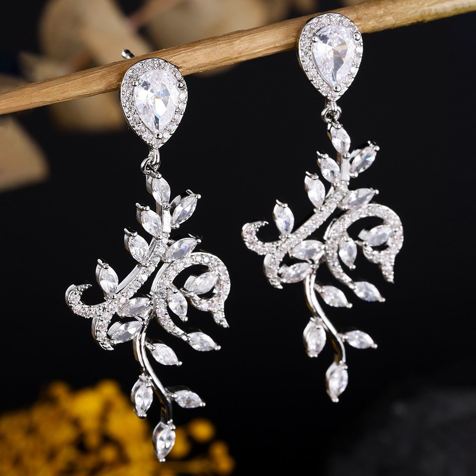 Women Vine Leaf Teardrop Halo CZ Chandelier Drop Earrings, Rhodium Plated Bridal Wedding Ear Jewelry
