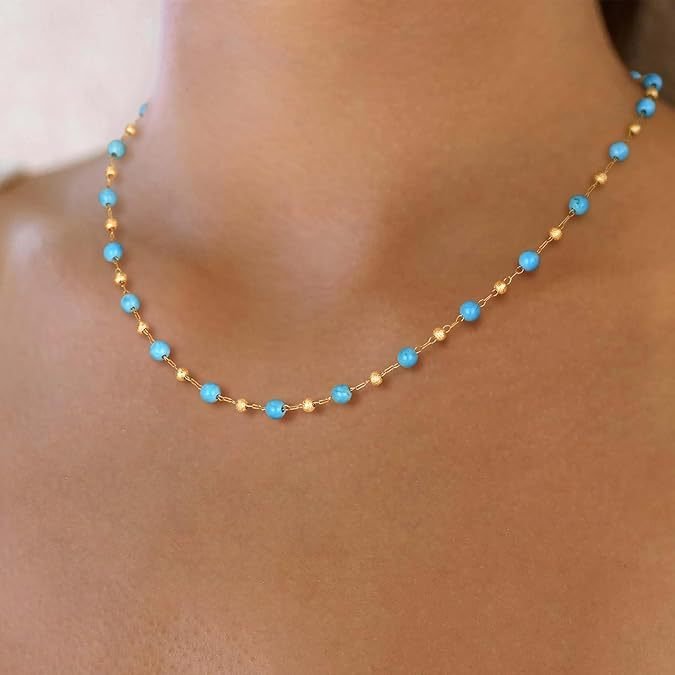 Women Summer Thin Beaded Choker Necklace,Synthetic Turquoise Round Beads With Small Decorative Beads Fashion Costume Accessories For Daily Beach Occasion