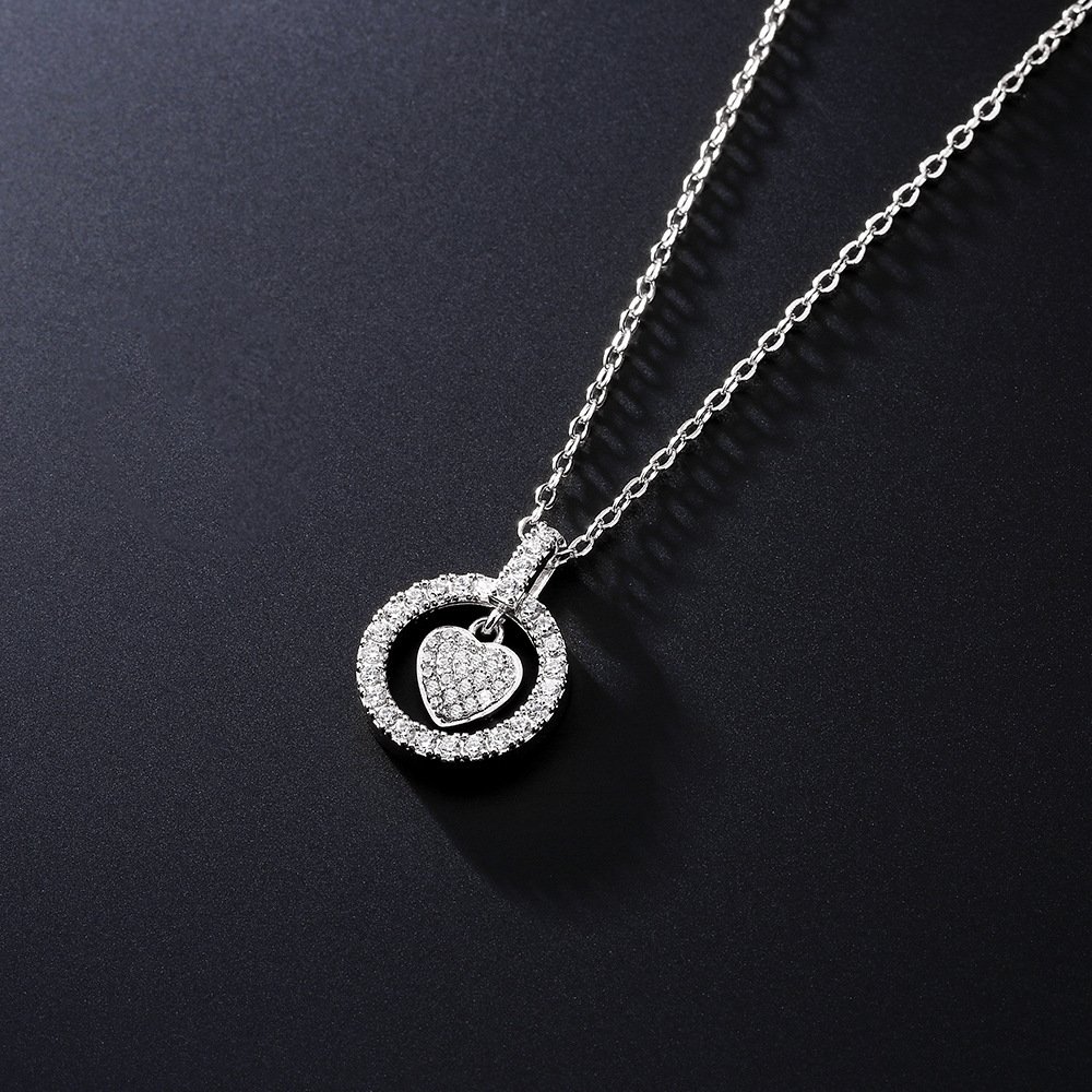 Korean And Japanese Popular Jewelry Heart-Shaped Zircon Necklace Double Circle Hollow Pendant Clavicle Chain European And American Cross-Border Fashion Simple Accessories For Women
