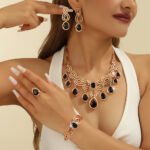 Cross-border Exaggerated Diamond-encrusted Black Resin Gold Necklace Earrings Ring Bracelet Jewelry Suit Women Wedding Jewelry