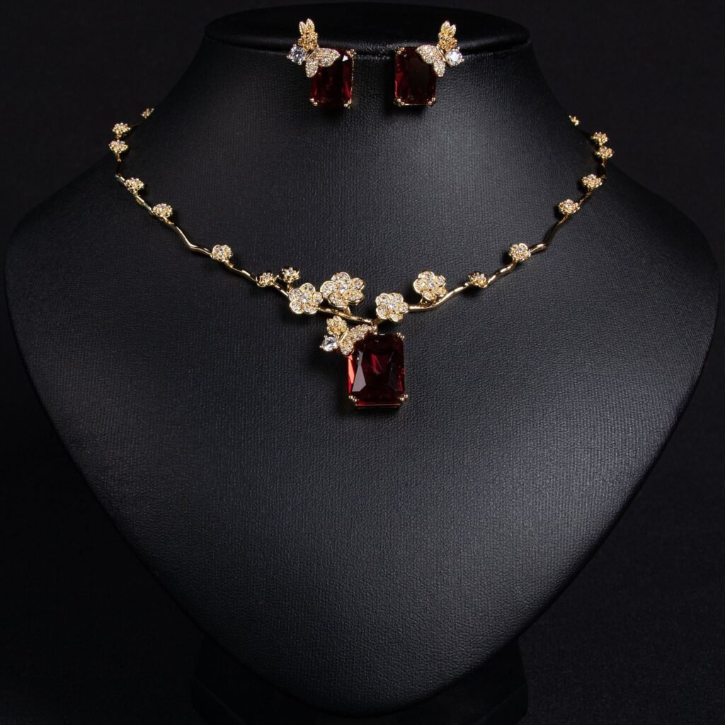 European And American New Ruby Necklace Earrings Suit Simple Joker Fashion Square Zircon Necklace Clavicle Chain Wholesale
