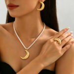 Cross-Border European And American Jewelry Geometric Fashion Crescent Open Design Ring Versatile Necklace Earring Set Niche Jewelry
