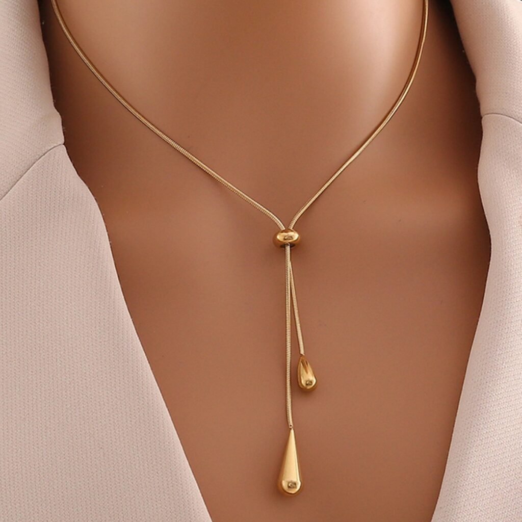 Cross-Border Popular Luxury Water Drop Tassel Necklace For Women, European And American Simple Niche Sweater Chain, Long Pull-Out Design Accessory