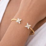 Women Dual Four Leaf Clover Open Cuff Bangle, Gold Plated Slim Minimalist Wrist Jewelry