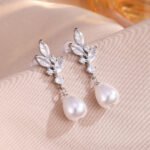 Elegant Bridal Leaf CZ Dangle Ear Studs, Teardrop Style With Simulated Pearl For Women Wedding Formal Occasion Accessories