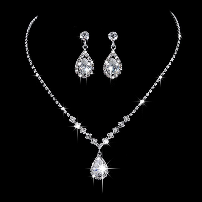 Cross-Border Hot-Selling 2026 New Wedding Zircon Water Drop Pendant Set Chain Bridal Claw Chain Rhinestone Necklace And Earrings Two-Piece Set