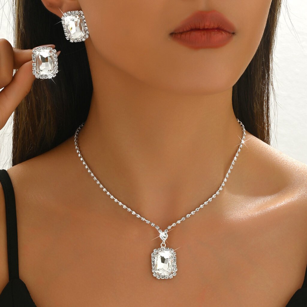 Export Jewelry Set Dropshipping Simple Rectangular Glass Crystal Necklace Earrings Birthday Party Accessories