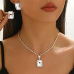 Export Jewelry Set Dropshipping Simple Rectangular Glass Crystal Necklace Earrings Birthday Party Accessories