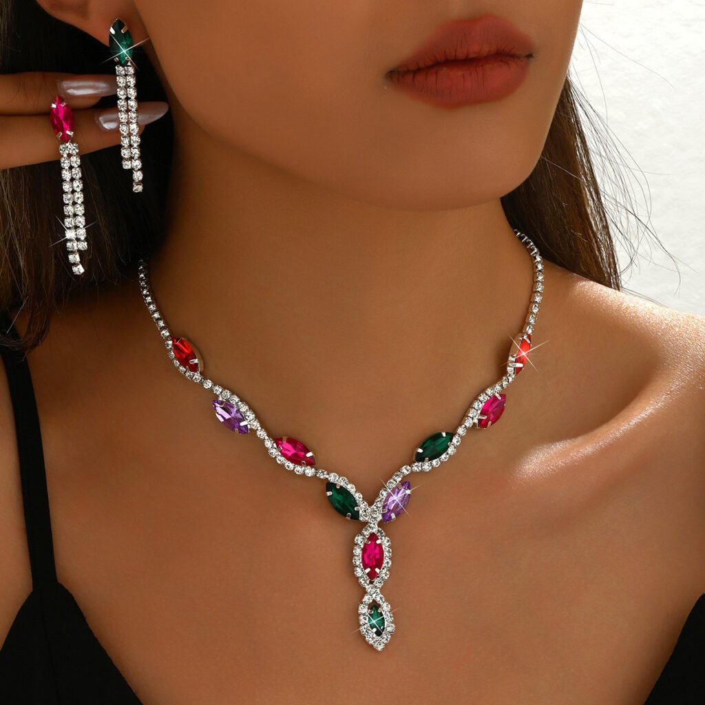Jewelry Manufacturer Fashion Bridal Set Marquise Rhinestone Electroplated Silver Necklace Earrings Wedding Accessories Cross-Border Supply