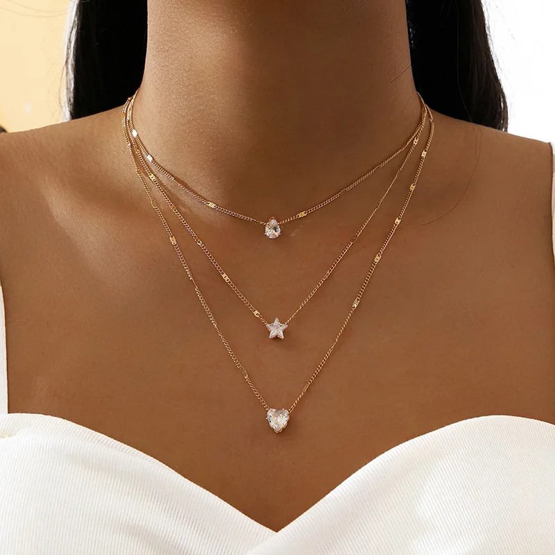 European And American Cross-Border Popular Multi-Layered Zircon Heart-Shaped Star Necklace For Women, Light Luxury High-End Clavicle Chain Jewelry