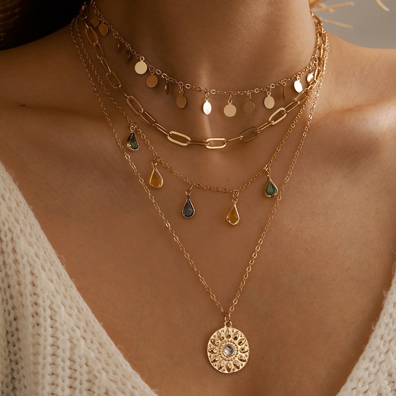 European And American Cross-Border New Multi-Layered Necklace Set For Women With Gemstone Pendants, Clavicle Chain, Round Tassel Choker