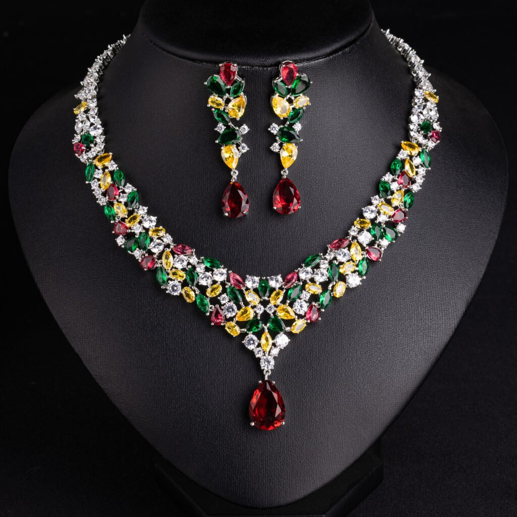 Cross-Border Zircon Necklace Exaggerated Jewelry For Women With A High-End Feel, Summer Light Luxury Water Drop Bridal Earring Set Jewelry