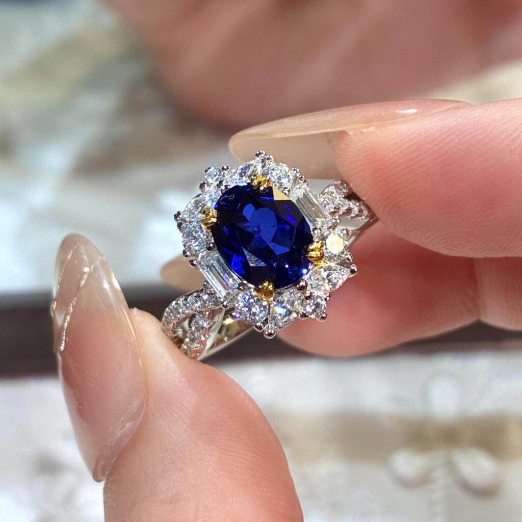 Blue Spinel Fluorescent Light-Changing Light Luxury Full Diamond Open Ring With Versatile Everyday Wear, Niche, Simple, And Sweet Design
