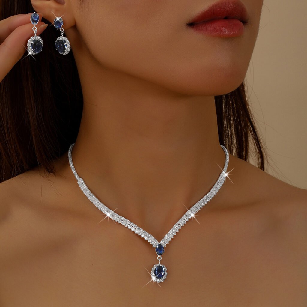 Cross-Border Jewelry Zircon Necklace Earrings Two-Piece Set European And American Exaggerated Light Luxury Temperament Clavicle Chain High-End Necklace For Women