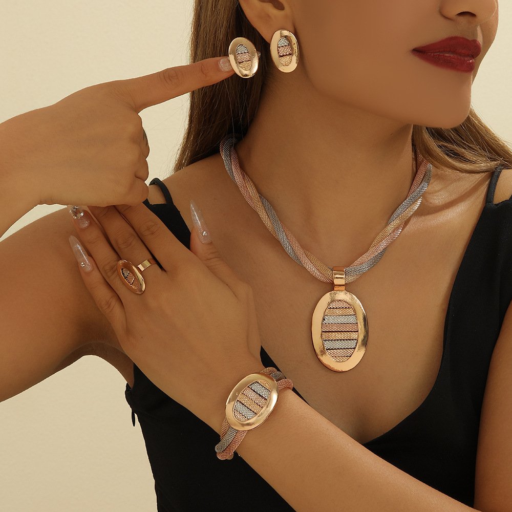 Women Tri-Color Woven Snake Bone Oval CZ 4Pcs Jewelry Set, Multi Tone Plated Necklace Earrings Ring Bracelet Matching Kit