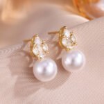 Women Teardrop Cluster Cubic Zirconia Drop Earrings, Round Simulated Pearl Dangle Gold Plated Bridal Ear Jewelry