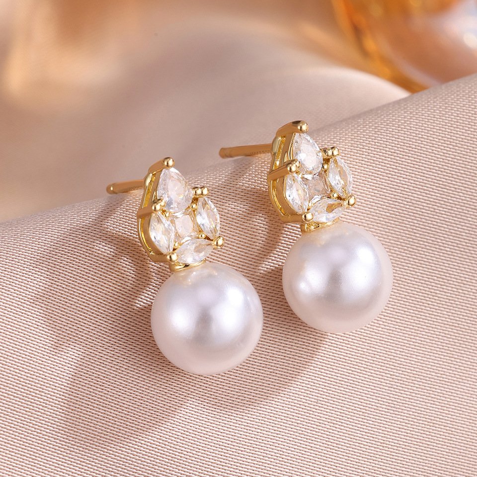 Women Teardrop Cluster Cubic Zirconia Drop Earrings, Round Simulated Pearl Dangle Gold Plated Bridal Ear Jewelry