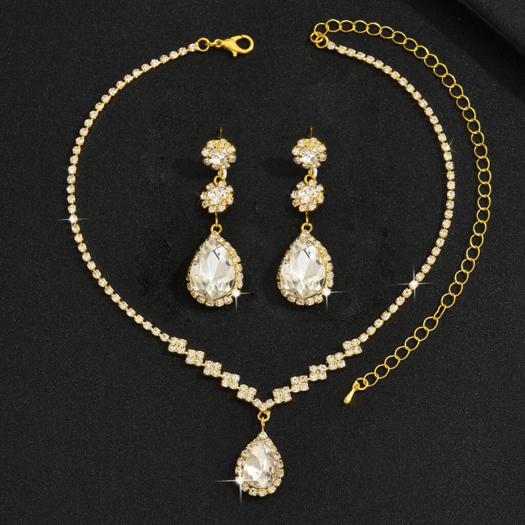 Cross-Border Dropshipping Bridal Wedding Photography Jewelry Fashion Claw Chain Water Drop Glass Crystal Necklace Earrings Bracelet Set