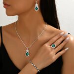 European And American Shiny Four-Piece Set With Diamonds, New Water Drop Emerald Necklace, Earrings, Bracelet And Ring Four-Piece Set For Women