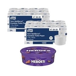 Tork OptiServe Coreless Toilet Paper (Pack of 24) 472620 x2 + FREE Cadbury Heroes Tub