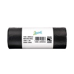 2Work Refuse Sack 100 Litre Black 20 Bags per Roll (Pack of 10) 2W06018